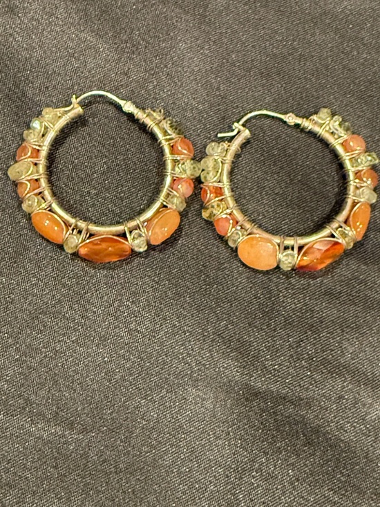 Jewelry - Boho Wire Wrapped Hoop Earrings Orange Carnelian & Peridot Crystals Silver Tone